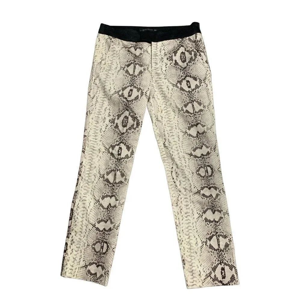 zara womens ivory black snake reptile print mid rise pants xs